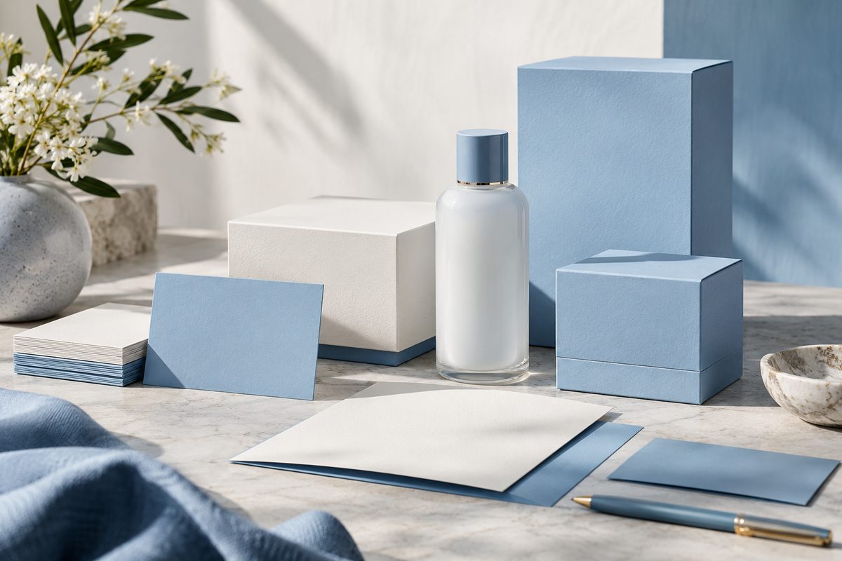 Coordinated packaging and stationery in a blue and white brand identity