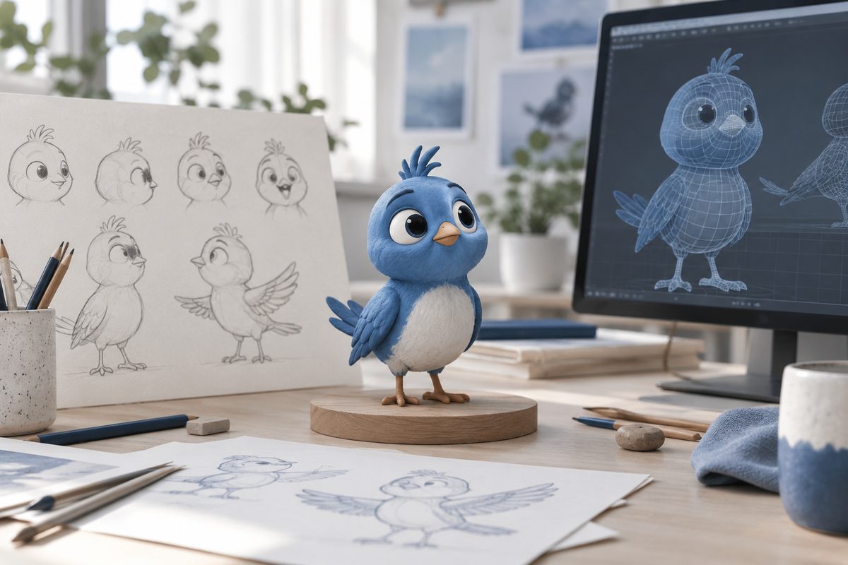 Character sketches, an original animated character and a 3D modelling workspace
