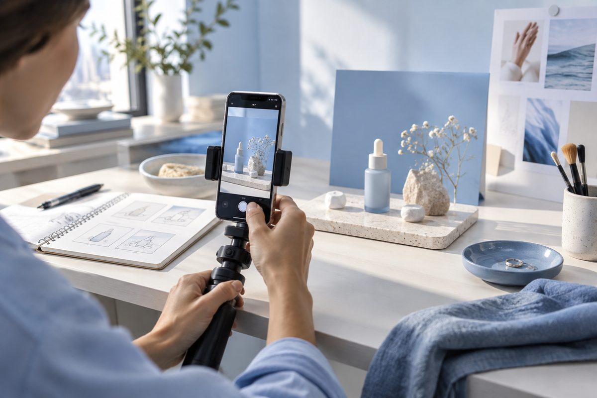 A product storytelling set with a vertical video camera rig