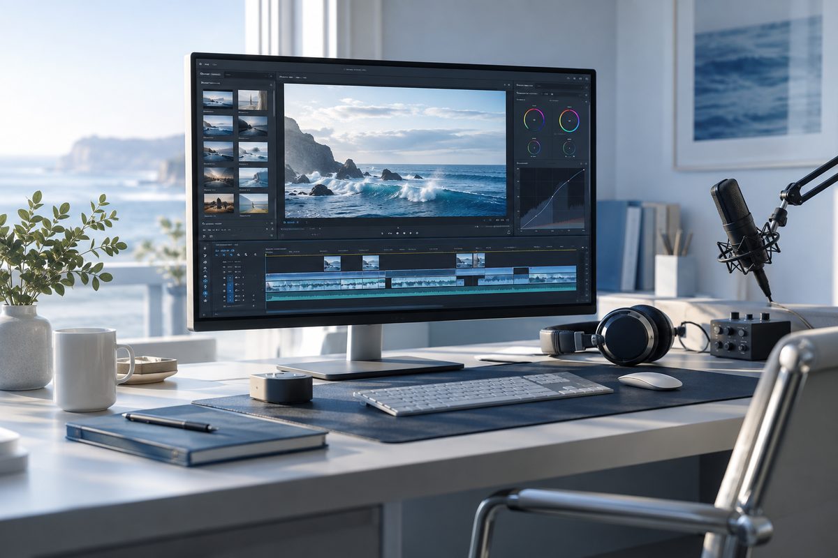 An editing and localisation suite with colour grading and sound equipment
