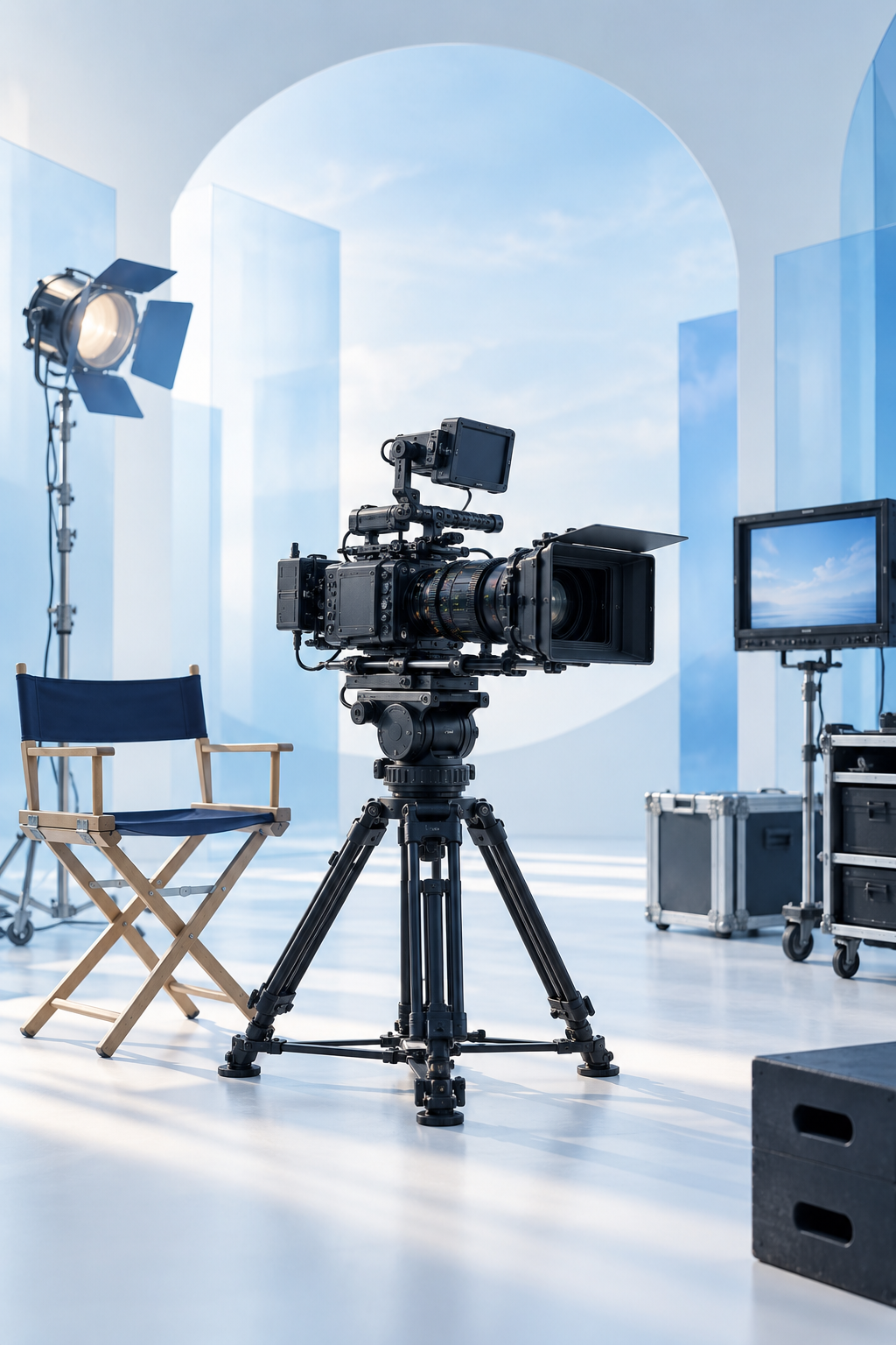 Cinema camera and production equipment in a sky-blue studio