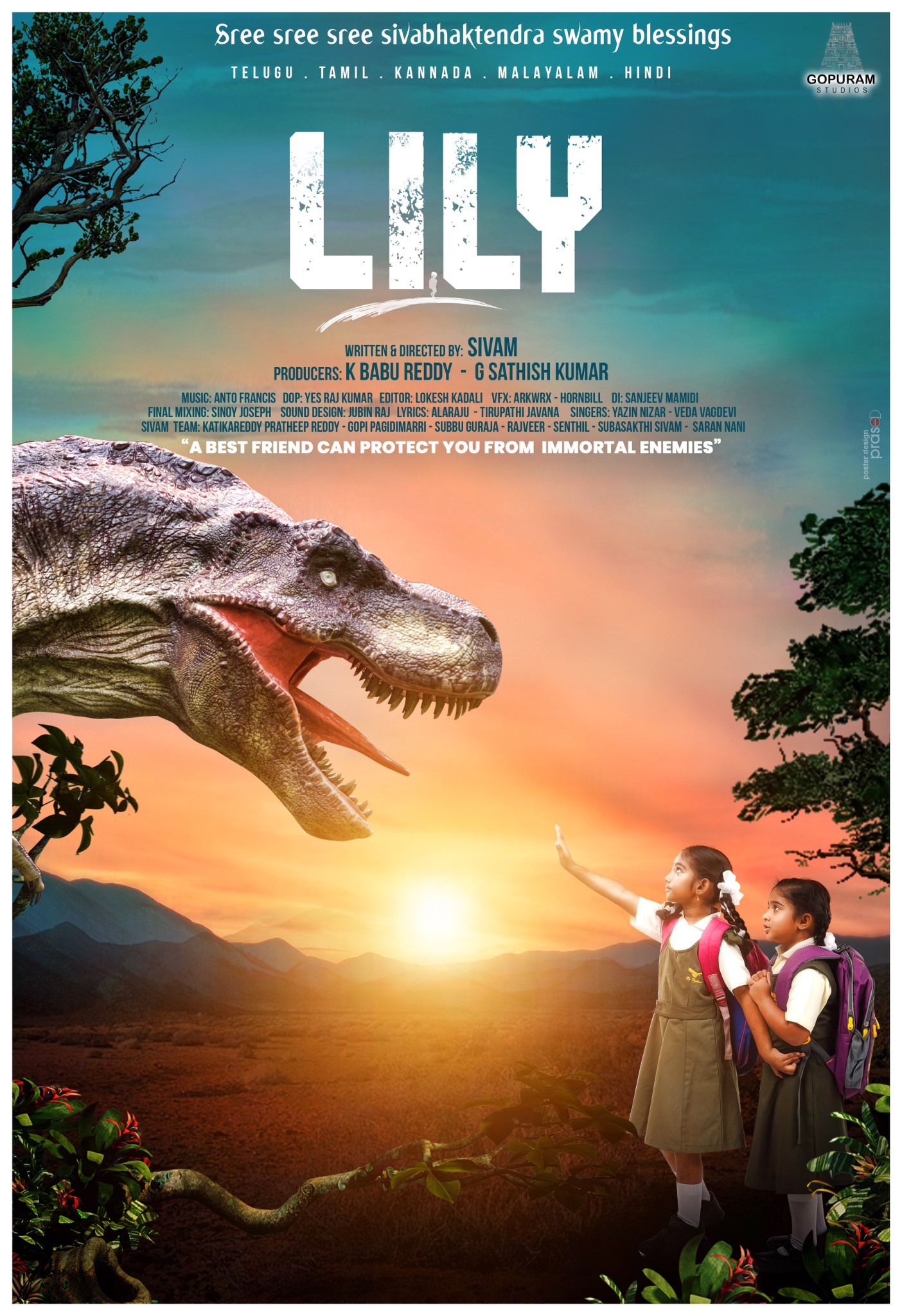 LILY official movie poster featuring two schoolgirls and a dinosaur, written and directed by Sivam