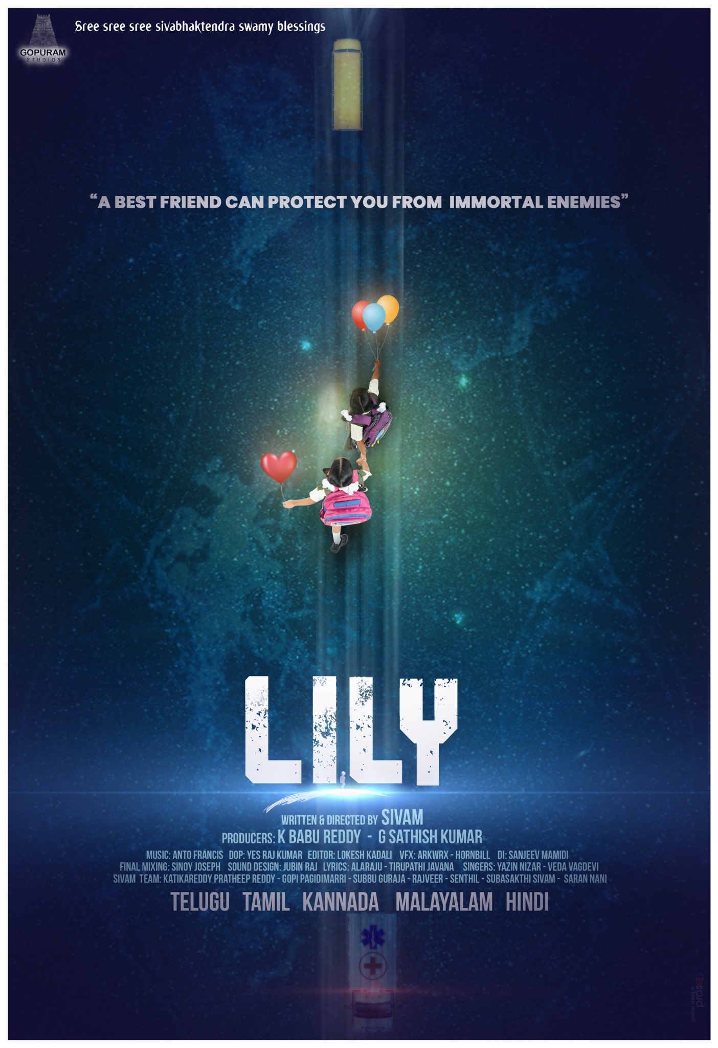 LILY official movie poster featuring two children floating with balloons above a night road